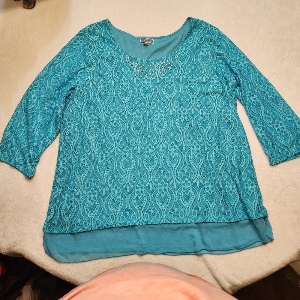 JM Collection Y2K Blue Lace Women's Top Size 3X Plus Size Cottage